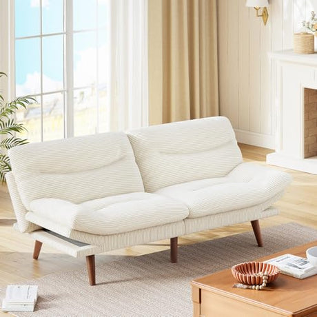 Marsail Futon Sofa Bed, Corduroy Futon Couch with Adjustable Backrest & Armrests, Convertible Small Sleeper Sofa Bed for Small Apartments, Study Room, Office, White Marsail