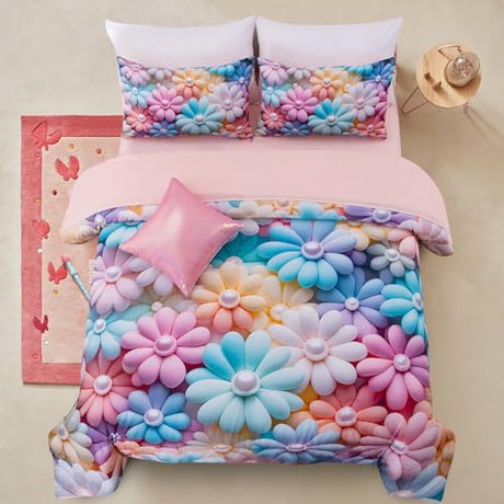 A Nice Night Stunning Blooming 3D Flower Floral Comforter Sets, with Pearl Flower Core Pattern Bedding Set for Girls Twin Size, Ultra Soft Bedding Sets (Blue-Purple, Twin 6Pcs) A Nice Night