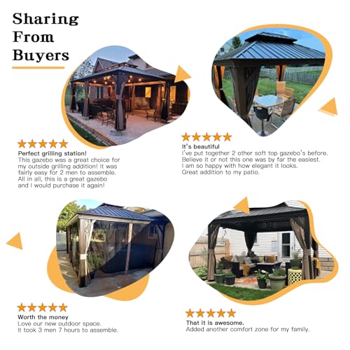 Domi Hardtop Gazebos 12x12FT, Aluminum Metal Gazebo with Galvanized Steel Double Roof Canopy, Curtain and Netting, Permanent Gazebo Pavilion for Patio, Backyard, Deck and Lawn, Grey domi outdoor living