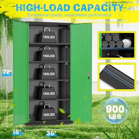 Pataku Metal Storage Cabinet, 72" Garage Cabinet with Doors and Shelves Lockable Steel Multifunctional Cabinets, File Cabinets for Home, Office, Warehouse(Black Green) Pataku