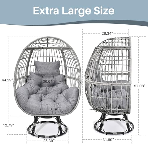 Gijvbeoz Swivel Wicker Egg Chair, Oversized Indoor Outdoor Lounger for Backyard, Patio, Living Room with Cushion, Steel Frame, 330lb Capacity, Gray Gijvbeoz