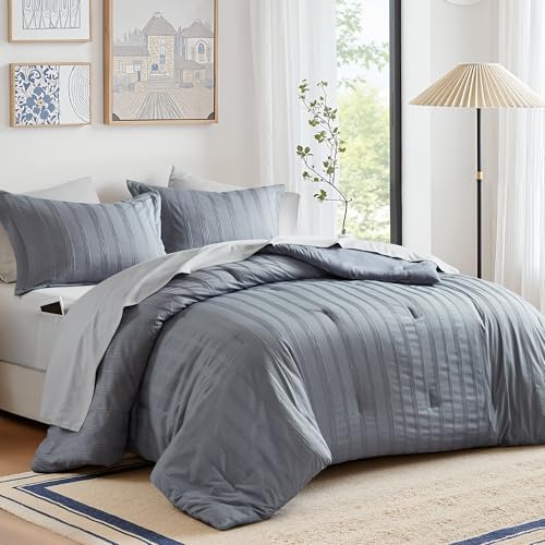Madison Park Essentials Striped Comforter Set King, 7 Pieces Modern Minimalist Jacquard Bedding Set for All Season, Bed in A Bag with Sheet Set and Soft Brushed Reverse, Lightweight Blue/Grey Madison Park Essentials
