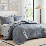 Madison Park Essentials Striped Comforter Set King, 7 Pieces Modern Minimalist Jacquard Bedding Set for All Season, Bed in A Bag with Sheet Set and Soft Brushed Reverse, Lightweight Blue/Grey Madison Park Essentials