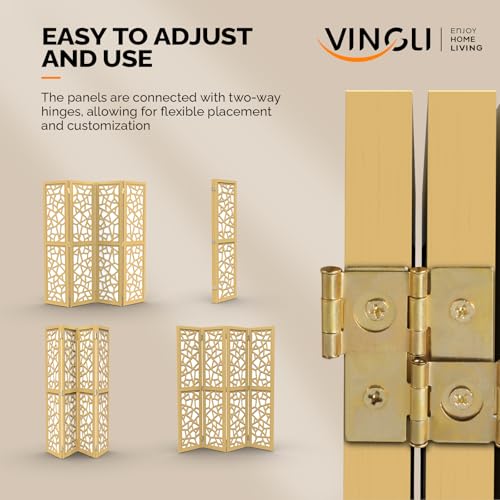 VINGLI 70'' H Room Divider, Non-Woven Fabric Privacy Screen, Indoor Partition Wall Dividers, Freestanding Hinged Space Separator with Modern Unique Pattern (Gold, 4 Panel) VINGLI