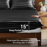 BEDELITE Satin Sheets King Size, Luxury Jacquard Striped Black Bedsheets Set with Elastic Corner Straps, Similar to Silk Sheets Set 4 PC with 1 Deep Pocket Fitted Sheet, 1 Flat Sheet, & 2 Pillowcases BEDELITE