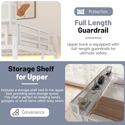 MoproBeti Queen Loft Bed with Desk and Stairs, Metal Lofts Bed Queen Size with Upper Storage Shelf, Gaming LoftBed with LED, Charging Station and Wardrobe for Teens, Adults,White MoproBeti