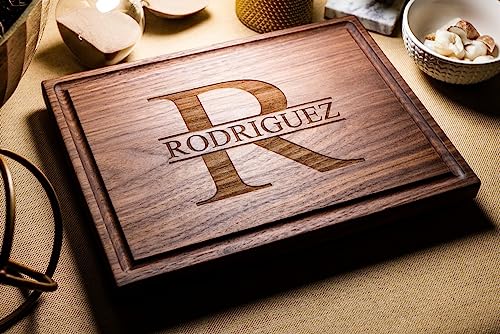 Walnut Artisan Personalized Cutting Boards, Custom Anniversary or Housewarming Gift Idea, Wood Engraved Charcuterie Board for Couples and Newlyweds, Initial Design 050 - WoodArtSupply