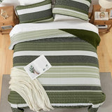 Quilt Set Queen Size Sage Green Striped Bedding Set 3 Piece Lightweight Bedspreads Coverlets Set Soft Microfiber Summer Striped Quilts With 2 Pillowcases All Season Patchwork Comforter Set 96"×90" Djoymock