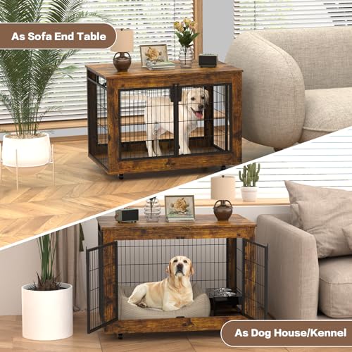 EasyCom Dog Crate Furniture, Extra Large Dog Kennel Indoor with Top-Access Teasing/Feeding Door, Spacious Dog House Moveable Furniture-Style Dog Cage with Wheels Double Doors - WoodArtSupply