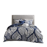 Madison Park Vienna Sateen Cotton Comforter Set, Breathable, Soft Cover, Trendy, All Season Down Alternative Cozy Bedding with Matching Shams, King, Indigo 7 Piece Madison Park