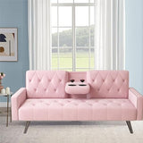 72" Pink Velvet Futon Couch Living Room Couch Bed Convertible Sleeper Sofa Bed with Cup Holder for Bedroom Guest Bed 2 Seater Reclining Sofas Couches with Nailhead Trim for Small Space (Pink) anwickjeff