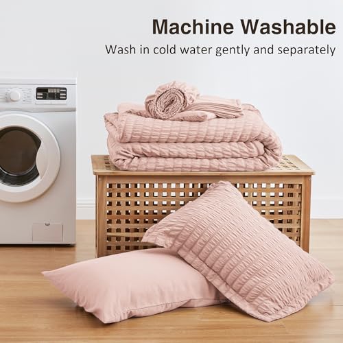 Love's cabin Seersucker Pink Twin Comforter Set, 5-Piece All Season Lightweight Bed in a Bag Bedding Set with Comforter, Flat Sheet, Fitted Sheet, Pillowcase and Sham Love's cabin