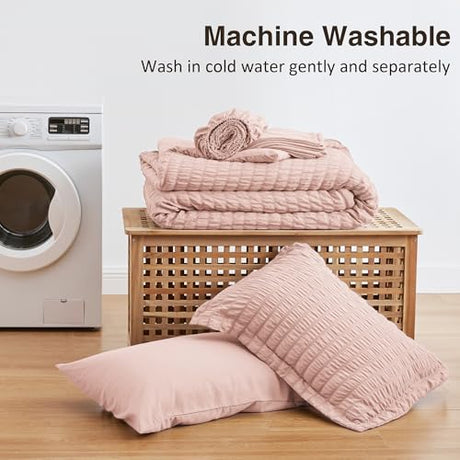 Love's cabin Seersucker Pink Twin Comforter Set, 5-Piece All Season Lightweight Bed in a Bag Bedding Set with Comforter, Flat Sheet, Fitted Sheet, Pillowcase and Sham Love's cabin