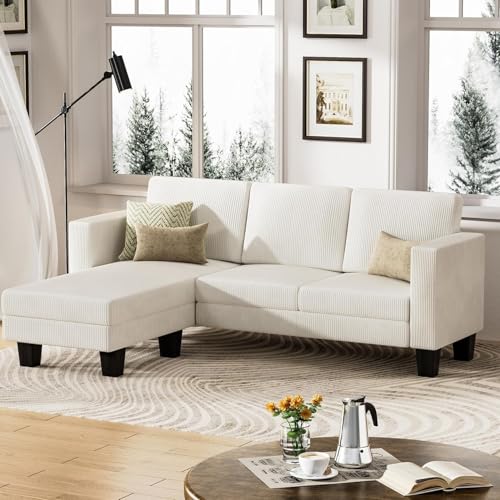 YESHOMY L-Shaped Convertible Sectional Sofa 3 Seater with Corduroy Fabric, Complete with Mobile Footrest, for Living Room, Apartment and Office, 70", Cream YESHOMY