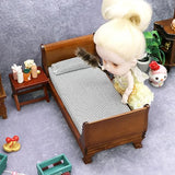 Gxsterd 1/12 Dollhouse Bed Miniature Single Bed Vintage Woode Mini Bed for for 6 inch Dolls Dollhouse Bedroom Furniture with Bedding Fabric (Brown) Gxsterd