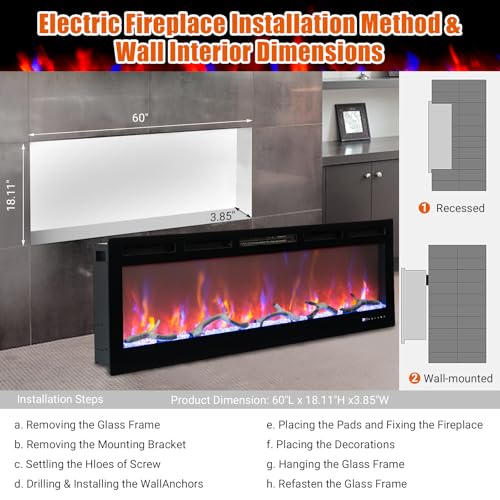 60" Smart WiFi Electric Fireplace, Smart Electric Fireplace,750/1500W Infrared Heater,Recessed/Wall Mount Linear Fireplace with Adjustable Flame & Remote PeacefulHues
