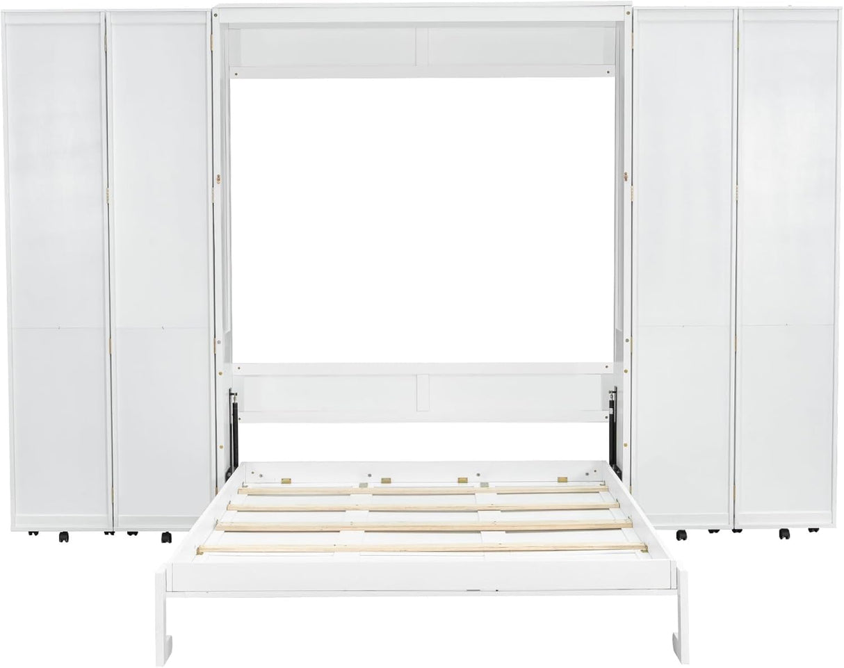 Foldable Hidden Queen Murphy Bed Cabinet with Storage Bookshelf Bookcase, Wood White Murphy Wall Bed with Storage Shelves for Adults (White) MERITLINE