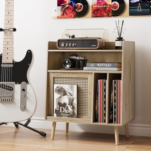 Large Record Player Stand with Open Shelf Storage Cabinet, Vinyl Record Storage Side Table with Rattan Magazine Rack, Turntable Stand Vinyl Record Holder with Solid Wood Legs for Living Room, Bedroom Mino Kesper