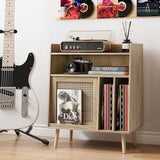 Large Record Player Stand with Open Shelf Storage Cabinet, Vinyl Record Storage Side Table with Rattan Magazine Rack, Turntable Stand Vinyl Record Holder with Solid Wood Legs for Living Room, Bedroom Mino Kesper