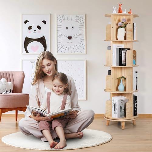 Rengue 4-Tier 360° Rotating Bookshelf Tower - Solid Wood Corner Organizer in Natural Finish Rengue