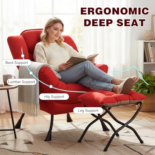 SESHINELL Lazy Chair with Ottoman, Modern Accent Chair Contemporary Sofa Chair with Armrests, Reading Chair and Folding Footstool Set for Living Room, Bedroom, Office, Red SESHINELL
