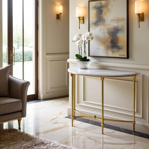 Starlight Canyon Home White Marble Hallway Table, Modern Luxury Console Table for Entryway or Living Room with Gold Metal Legs and White Marble Table Top Starlight Canyon Home