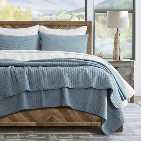 EVERGRACE x Kinsey Walsh Cross Stitch Pre-Washed Cotton Quilt Bedding Set Queen Size, Oversized 3 Pieces Lightweight Bedspread Coverlet for All Season, with 2 Matching Shams, Dusty Blue, 92"x96" EVERGRACEHOME