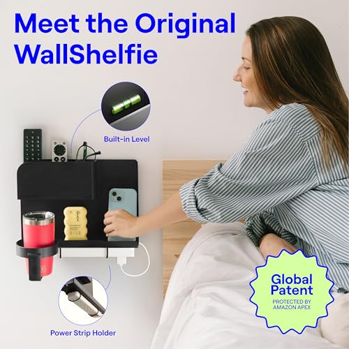 WallShelfie Bedside Wall Organizer & Dorm Decor - Dorm Room Essential, Floating Bedside Shelf Wall Mount Organizer, Remote Control Holder, Cool Teen Girls Trendy Stuff, Room Organization (Black) Smallish