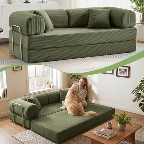 CozySpot Sofa Bed, 79" Convertible Sleeper Sofa with Pull Out Bed, 5-in-1 Folding Corduroy Futon Couch, Modular Loveseat Sofa Bed for Living Room, Bedroom & Apartment, Green CozySpot