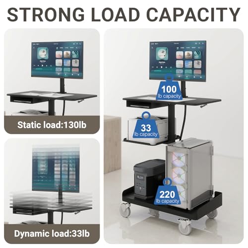 Natwind Mobile Workstation Cart with Monitor Mount, Height Adjustable Rolling Computer Desk with Cable Management Tidy, Heavy-Duty Standing Desk with CPU Holder for Office, School, Medical, Workshop Natwind