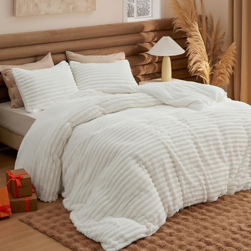 Bedsure Fluffy Duvet Cover Set - Ultra Soft Plush Shaggy Comforter Cover King Size, Warm Flannel Fleece Bed Sets for Winter, 3 Pieces (Striped Pattern, Coconut White) Bedsure