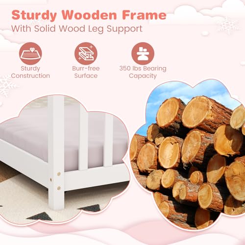 KOMFOTT Low Profile Twin House Bed Frame for Kids - Safe and Creative Wood Floor Bed with Roof and Headboard in White KOMFOTT