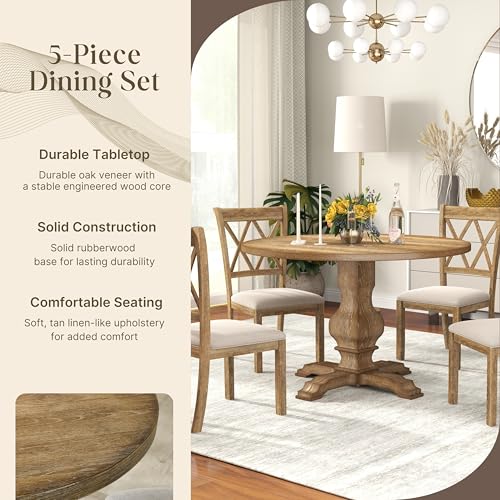 Roundhill Furniture Havre 5-Piece Dining Set, Pedestal Round Table with 4 Stylish Chairs, Oak Roundhill Furniture