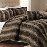 Madison Park Zuri Soft Plush Comforter Set, Faux Fur Animal Stripes Design, Faux Mink On The Reverse, Modern All Season Bedding Set with Matching Sham, Full/Queen, Chocolate Madison Park