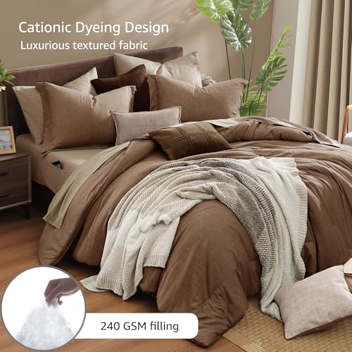 Monbix Queen Comforter Set - 7 Pieces Cationic Dyeing Brown Bed in a Bag Queen Bedding Sets with Comforter, Sheets, Pillowcases & Shams, Reversible Bedding Comforters Sets Monbix