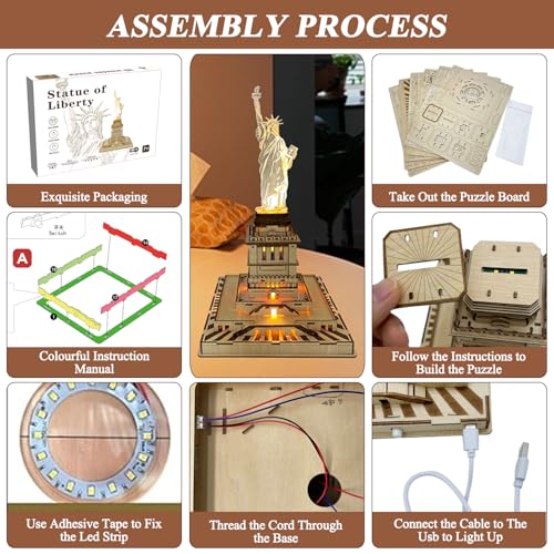 Ysityum 3D Wooden Puzzle for Adults - Statue of Liberty Wood Puzzle Modle Kits with USB LED Light, DIY Architecture Building Craft Toy Set Brain Teaser Gifts for Kids & Teens (147PCS) Ysityum