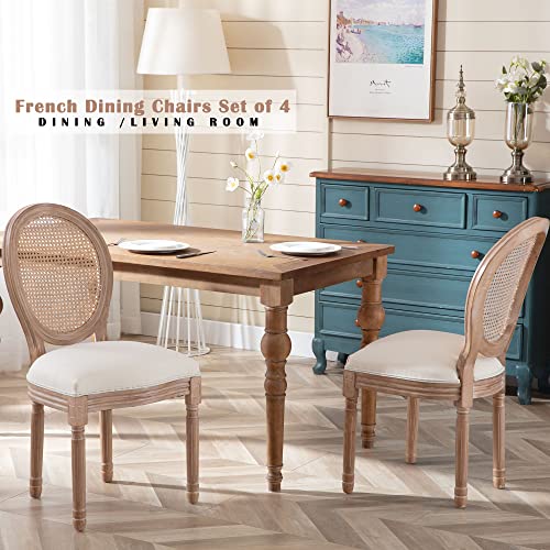 Nrizc French Country Dining Chairs Set of 4, Farmhouse Fabric Chairs with Round Back, Rattan Dining Chair, Oval Side Chairs for Dining Room/Living Room/Kitchen/Restaurant - WoodArtSupply