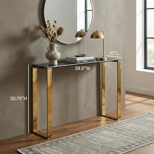 Cortesi Home Remini Narrow Contemporary Glass Console Table in Polished Gold Finish, Black Glass Cortesi Home