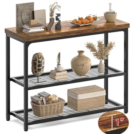 Besiost 32" Small Console Table with Storage, 3-Tier Industrial Narrow Entryway Table with Mesh Shelves, Sofa Table Behind Couch for Hallway Foyer Living Room, Sturdy Metal Frame, Rustic Brown Besiost