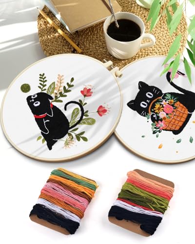 TINDTOP 2 Pack Embroidery Kit for Adult Beginners, Embroidery DIY Starter Kit, with Black Cat and Flowers Stamped Patterns, Hoop, Tools, Colorful Threads with Needles, Instructions TINDTOP