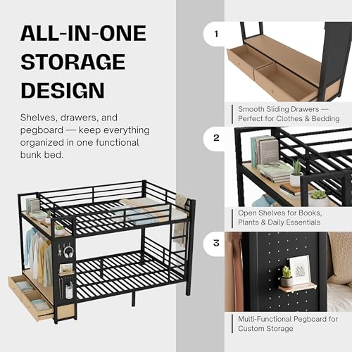 ICIUIOIR Full Over Full Bunk Bed with Stairs and Storage Drawers, Heavy Duty Metal Bunk Bed Frame with Shelves & Pegboard for Teens and Adults, Full Size Space-Saving Loft Design, Bunk+Full ICIUIOIR
