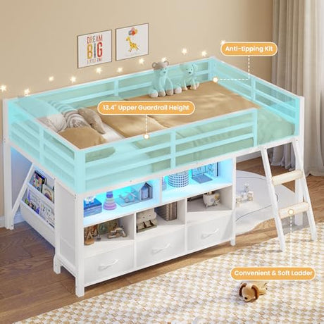 BTHFST Low Loft Bed Twin Size with 3 Storage Drawers, 3-Tier Kids Bookshelf, 5 Open Cubbies and 2 LED Lights Strips, Metal Kids Loft Bed with High Safety Guardrail, Inclined Ladder and Play Area BTHFST