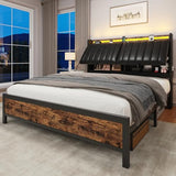 Queen Size Bed Frame with Adjustable Backrest Hidden Storage Headboard, PU Leather Upholstered Queen Bed Frame with Charging Station and LED Lights, Heavy Duty, No Box Spring Needed, Black&Brown Jocoevol