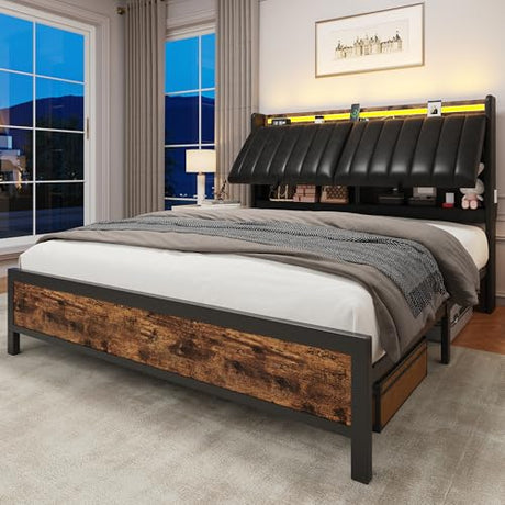 Queen Size Bed Frame with Adjustable Backrest Hidden Storage Headboard, PU Leather Upholstered Queen Bed Frame with Charging Station and LED Lights, Heavy Duty, No Box Spring Needed, Black&Brown Jocoevol