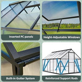 AirWire 12x8 FT Greenhouse for Outdoors, Quick Setup Polycarbonate Greenhouse with Roof Vent, Aluminum Large Walk-in Greenhouse for Outside Garden Backyard, Black AirWire