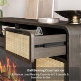 BELLEZE 68" TV Stand for TV Up to 75",Boho Entertainment Center with 36" Electric Fireplace Heater with Sound, Rattan Decorated Console Table Storage Cabinet for Living Room, Bedroom - (Brown) BELLEZE