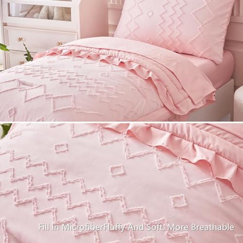 AIKASY Toddler Bedding Set 4 Pieces Super Soft Comforter Set, Shabby Boho Bohemian Design for Boys and Girls（Ruffle Fringe Comforter, Flat Sheet, Fitted Sheet and Pillowcase）- Coral Pink AIKASY