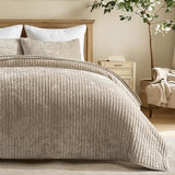 EVERGRACE Velvet Quilt Set Queen Size, Luxurious Soft Striped Channel Bedding Set, Lightweight Velvet Comforter for All Season, Oversized Bedspread Coverlet with 2 Matching Shams, Beige Taupe EVERGRACE