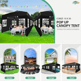 COBIZI 10x30 Pop Up Canopy Tent with Sidewalls - Party Outdoor Wedding Event for Parties - UPF 50+ Windproof Waterproof Gazebo with Air Vent, Wheeled Bag, Sandbag, Stake, Rope (Black) COBIZI