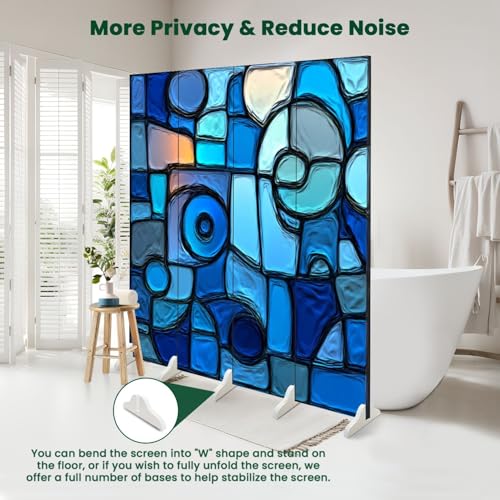 4 Panels Folding Screen Room Divider Abstract Stained Glass Mosaic Blue Spirals Canvas Screen Room Separator Freestanding Protective Decorative Divider Privacy Partition VETEB